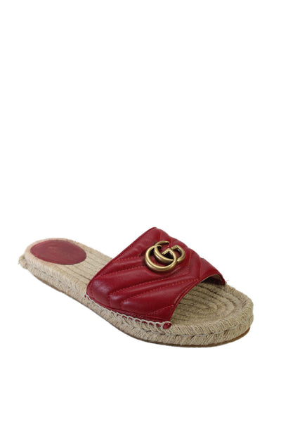 Gucci Womens Red Leather GG Embellished Espadrille Flat Mules Shoes Size 9