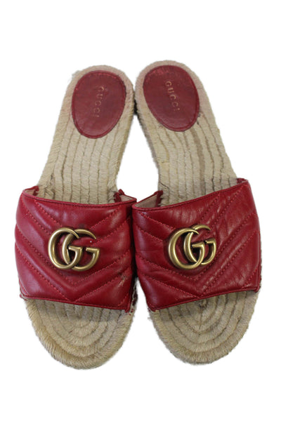 Gucci Womens Red Leather GG Embellished Espadrille Flat Mules Shoes Size 9