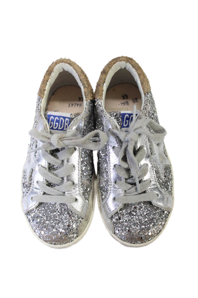 Golden Goose Girls Glittery Silver Lace Up Distress Sneakers Shoes Size 6