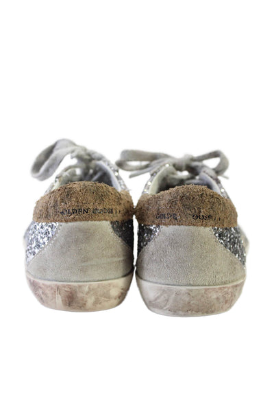 Golden Goose Girls Glittery Silver Lace Up Distress Sneakers Shoes Size 6