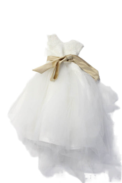 DylanQueen Girls Round Neck Sleeveless Lace Tutu Belted Dress White Size S