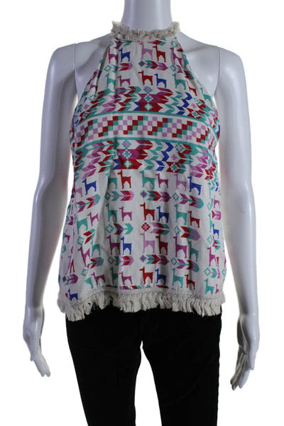 GALVAN Womens Llama Printed Lima Top White Size 6 12895263