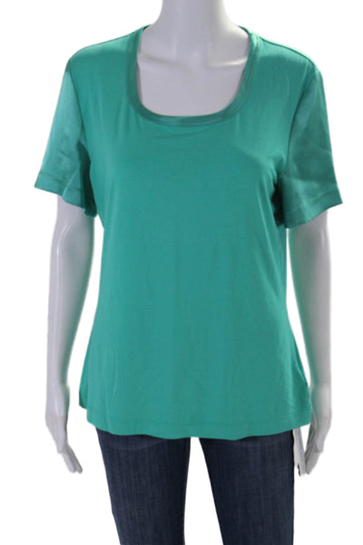 St. John Womens Short Sleeve Scoop Neck Satin Trim Tee Shirt Teal Size Large