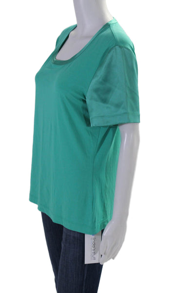 St. John Womens Short Sleeve Scoop Neck Satin Trim Tee Shirt Teal Size Large