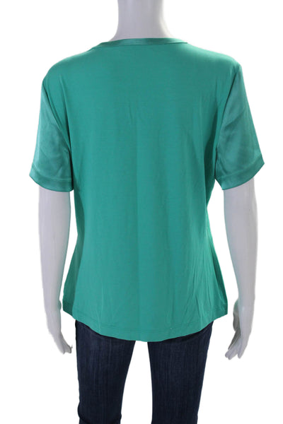 St. John Womens Short Sleeve Scoop Neck Satin Trim Tee Shirt Teal Size Large