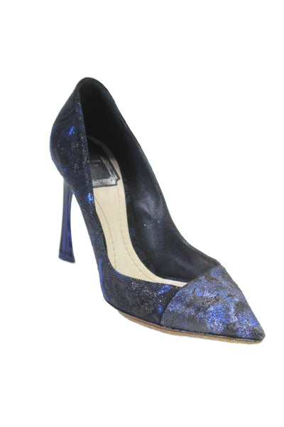 Christian Dior Womens Metallic Pointed Toe Curved Heel Pumps Black Blue Size 5.5