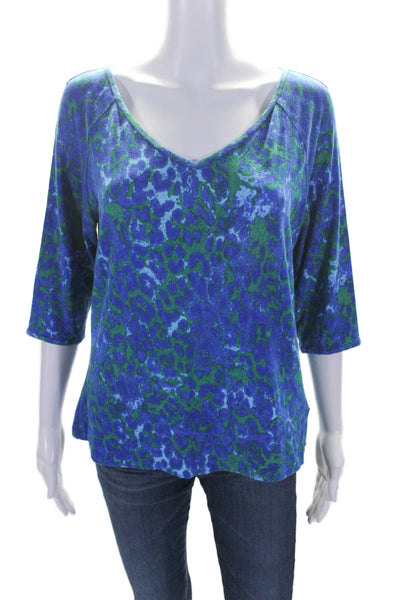 St. John Sport Womens Half Sleeve V Neck Leopard Printed Shirt Bleu Green Medium