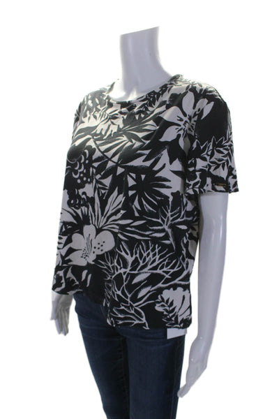 St. John Sport By Marie Gray Womens Short Sleeve Floral Tee Shirt Navy Large