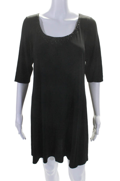 Eileen Fisher Womens Short Sleeve Sequin Trim Scoop Neck Dress Black Silk Medium