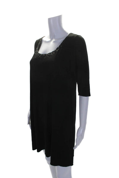 Eileen Fisher Womens Short Sleeve Sequin Trim Scoop Neck Dress Black Silk Medium