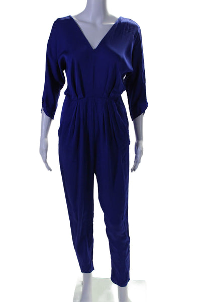 Milly Womens V Neck Long Sleeve Pleated Jumpsuit Blue Size 2