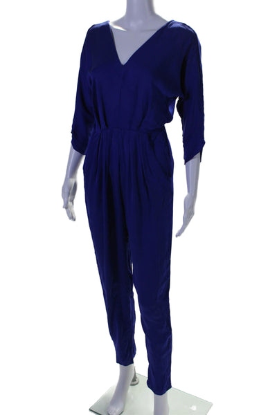 Milly Womens V Neck Long Sleeve Pleated Jumpsuit Blue Size 2