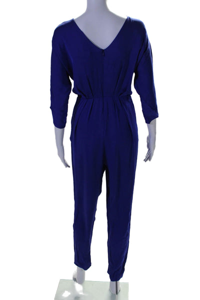 Milly Womens V Neck Long Sleeve Pleated Jumpsuit Blue Size 2