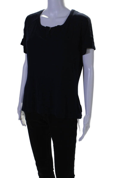 St. John Womens Short Sleeves Split Neck Pullover Tee Shirt Navy Blue Size Large