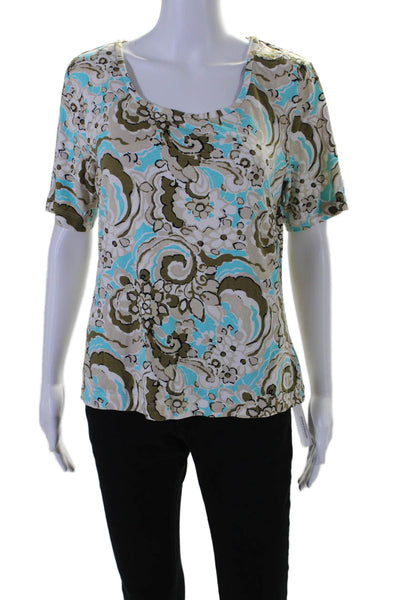 St. John Womens Floral Print Short Sleeves Tee Shirt Blue Brown Size Large