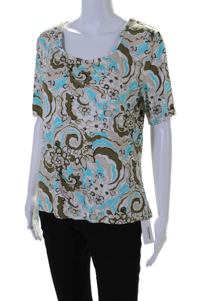 St. John Womens Floral Print Short Sleeves Tee Shirt Blue Brown Size Large