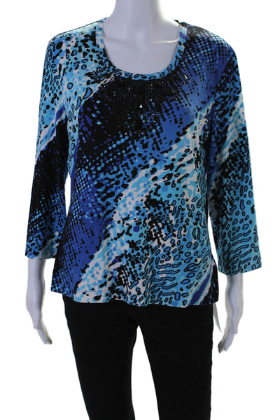 St. John Womens Abstract Print Jeweled Long Sleeves Tee Shirt Blue Black Size La