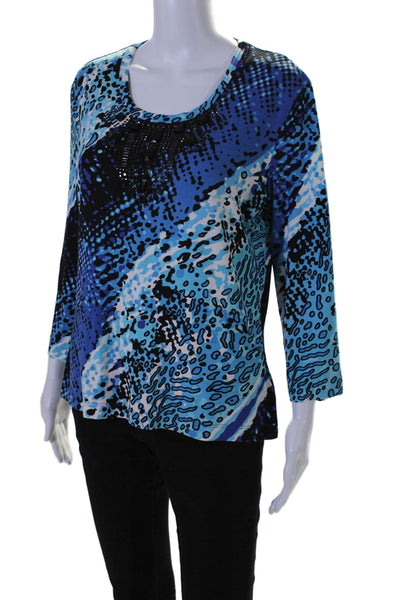 St. John Womens Abstract Print Jeweled Long Sleeves Tee Shirt Blue Black Size La