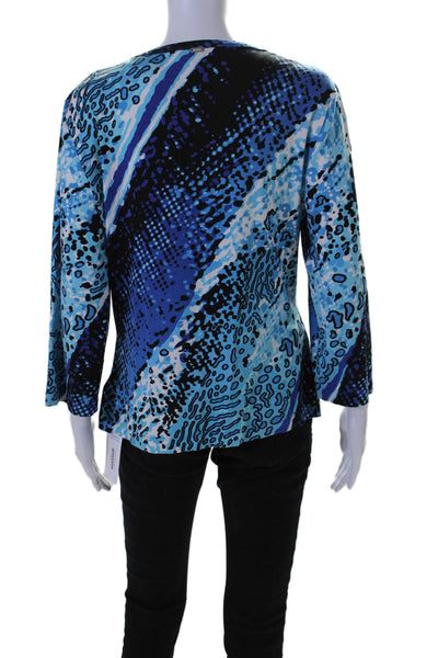 St. John Womens Abstract Print Jeweled Long Sleeves Tee Shirt Blue Black Size La