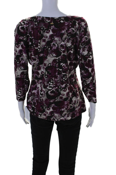 St. John Womens Abstract Print Long Sleeves Shirt Purple Beige Size Large