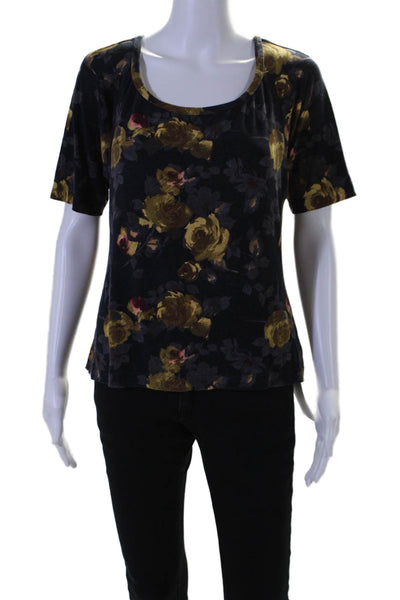 St. John Nordstrom Womens Floral Print Short Sleeves Blouse Black Brown Size Lar