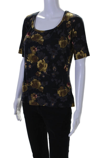 St. John Nordstrom Womens Floral Print Short Sleeves Blouse Black Brown Size Lar