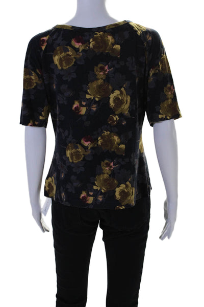 St. John Nordstrom Womens Floral Print Short Sleeves Blouse Black Brown Size Lar