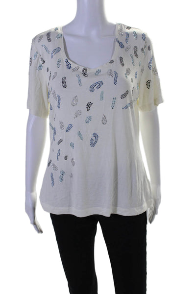 St. John Womens Jeweled Detail Short Sleeves Tee Shirt White Size Large