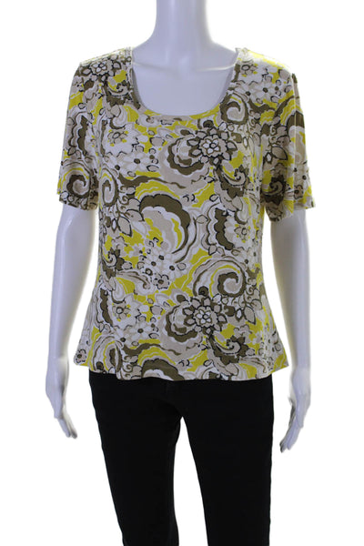 St. John Womens Floral Print Short Sleeves Tee Shirt Brown Yellow Size Large