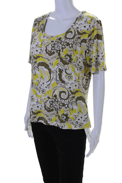 St. John Womens Floral Print Short Sleeves Tee Shirt Brown Yellow Size Large