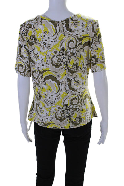 St. John Womens Floral Print Short Sleeves Tee Shirt Brown Yellow Size Large