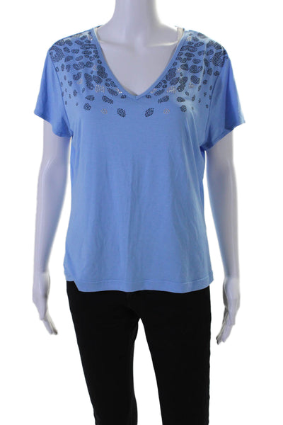 St. John Sport Womens Jeweled V Neck Short Sleeves Tee Shirt Sky Blue Size Small