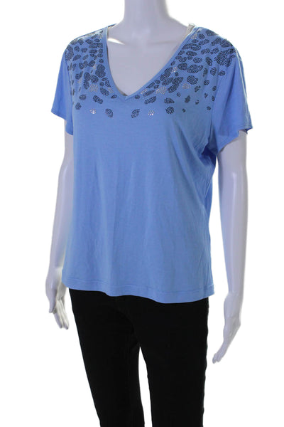 St. John Sport Womens Jeweled V Neck Short Sleeves Tee Shirt Sky Blue Size Small