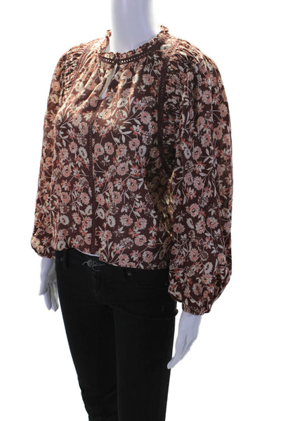 The Westside Womens Cotton Brown Floral V-Neck Long Sleeve Blouse Top Size XS