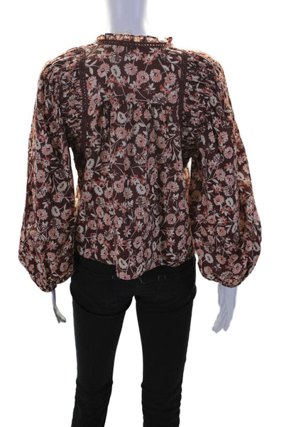 The Westside Womens Cotton Brown Floral V-Neck Long Sleeve Blouse Top Size XS