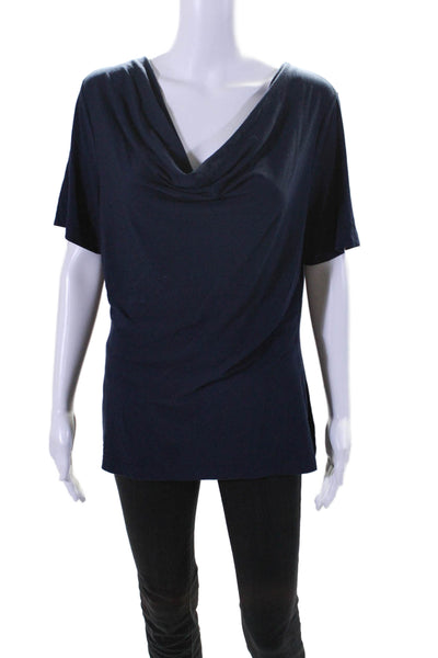 St. John Womens Short Sleeve Draped Scoop Neck Tee Shirt Navy Blue Size Large