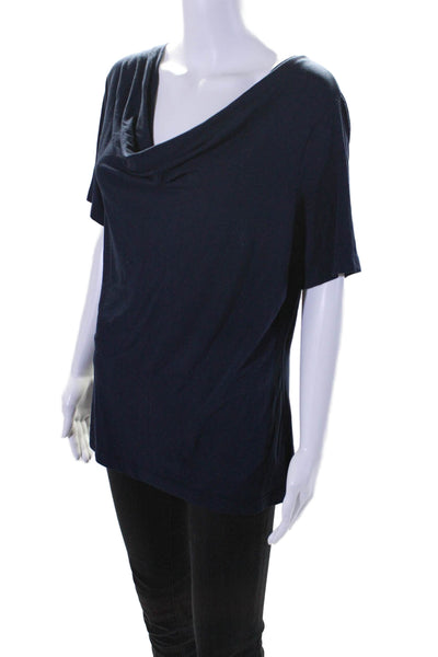 St. John Womens Short Sleeve Draped Scoop Neck Tee Shirt Navy Blue Size Large