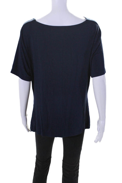 St. John Womens Short Sleeve Draped Scoop Neck Tee Shirt Navy Blue Size Large