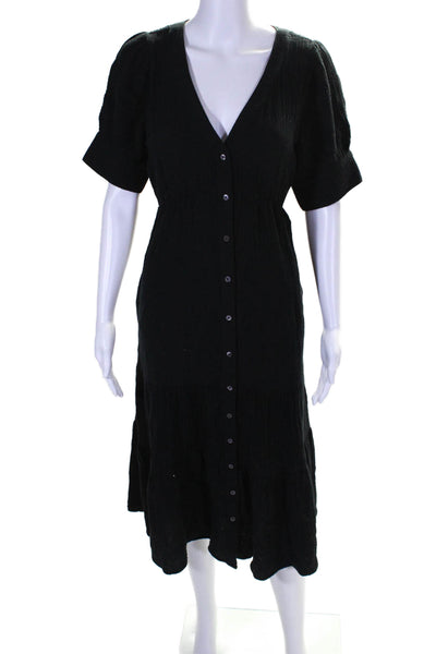 Madewell Womens Cotton Textured Short Sleeve Buttoned Tiered Dress Black Size 6