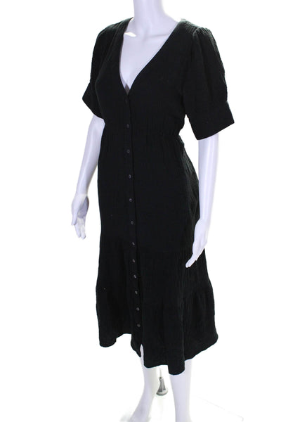 Madewell Womens Cotton Textured Short Sleeve Buttoned Tiered Dress Black Size 6