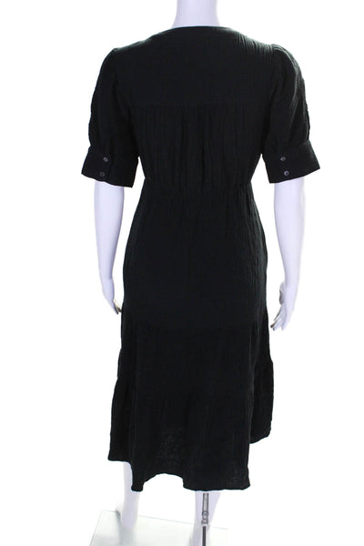 Madewell Womens Cotton Textured Short Sleeve Buttoned Tiered Dress Black Size 6