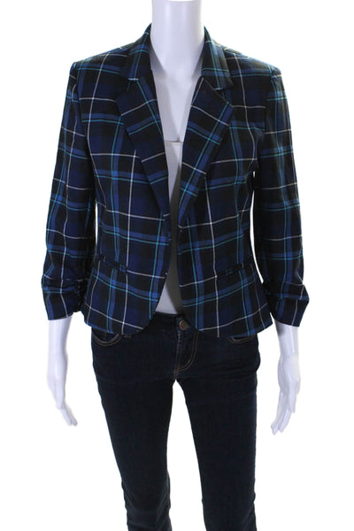 Aqua Women's 3/4 Sleeve Open Front Plaid Short Jacket Blue Size M