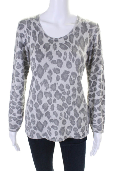 St. John Womens Long Sleeve Scoop Neck Leopard Print Sweater Gray Size Large