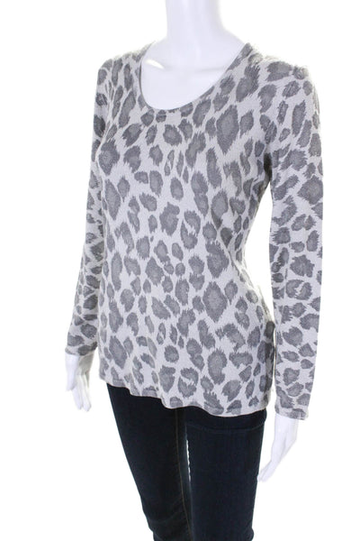 St. John Womens Long Sleeve Scoop Neck Leopard Print Sweater Gray Size Large