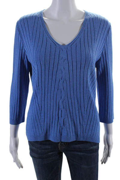 St. John Women's V-Neck 3/4 Sleeves Pullover Sweater Blue Size M