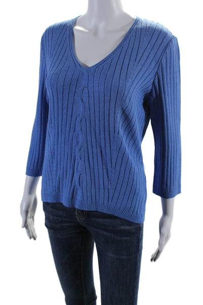 St. John Women's V-Neck 3/4 Sleeves Pullover Sweater Blue Size M