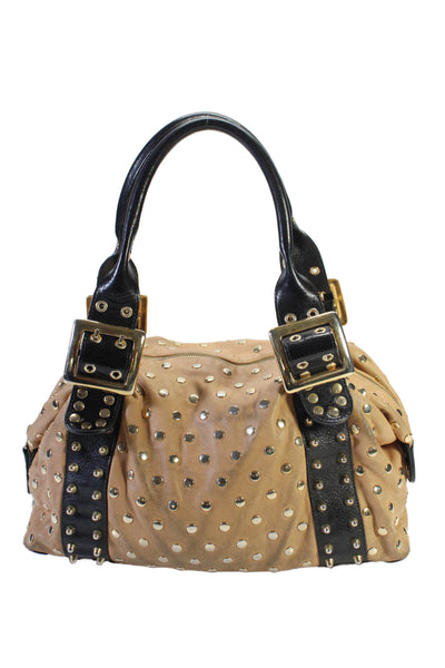 Be&D Womens Double Handle Studded Top Zip Handbag Leather Beige Large