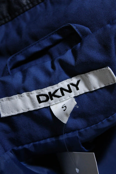 DKNY Womens Faux Leather Trim Single Breasted Hooded Jacket Blue Size S