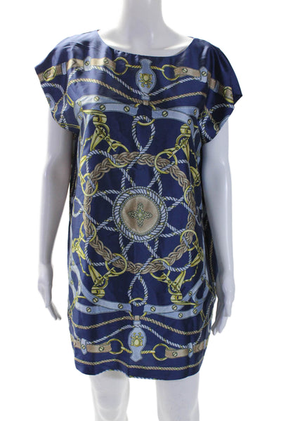 J. Mclaughlin Womens Graphic Print Round Neck Sleeveless Shift Dress Blue Size M