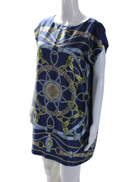 J. Mclaughlin Womens Graphic Print Round Neck Sleeveless Shift Dress Blue Size M